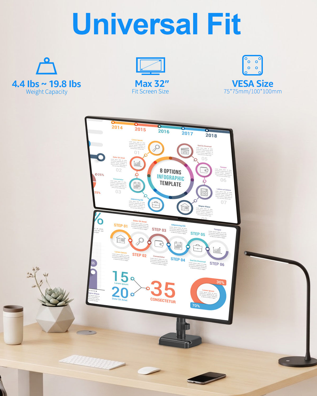 ErgoFocus  Vertical Dual Monitor Mount Fit up to 32", Stacked Monitor Stand for 2 Computer Screens, Gas Spring Full Motion Adjustable Tall Display Desk Mount, Each Arm Holds up to 17.6lbs, VESA Mount