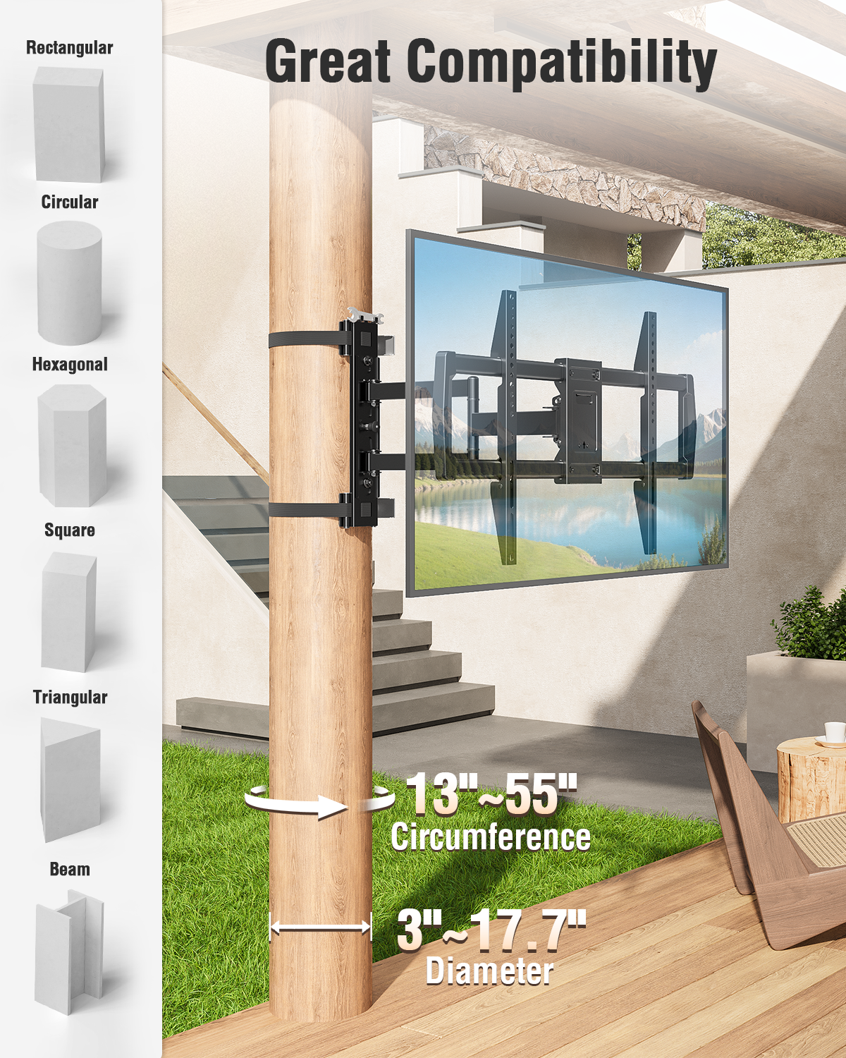 ELIVED Pillar TV Mount for Most 32"-75" TVs, Column TV Mount for Gazebo Patio Pergola, No Drill Full Motion tv Bracket Swivel and Tilt, Fits Multi-Shaped Poles, Max VESA 600x400mm, 88 Lbs.
