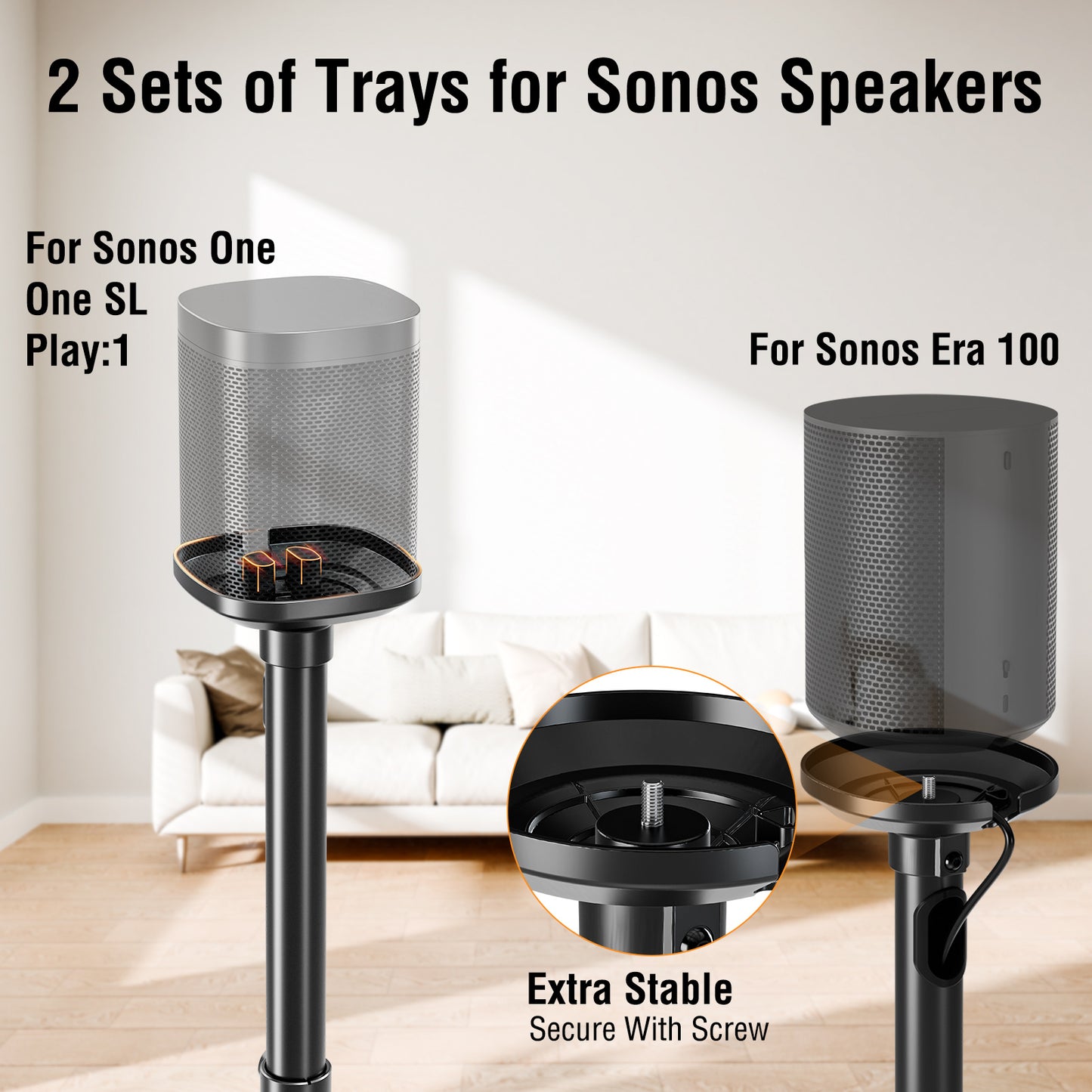 ELIVED Speaker Stands for Sonos Era 100 and Sonos One, One SL, Play:1, Height Adjustable 35"- 43.4" Speaker Stands Pair, Surround Sound Speaker Stand with Cable Management, 11 LBS Loading, YD5036