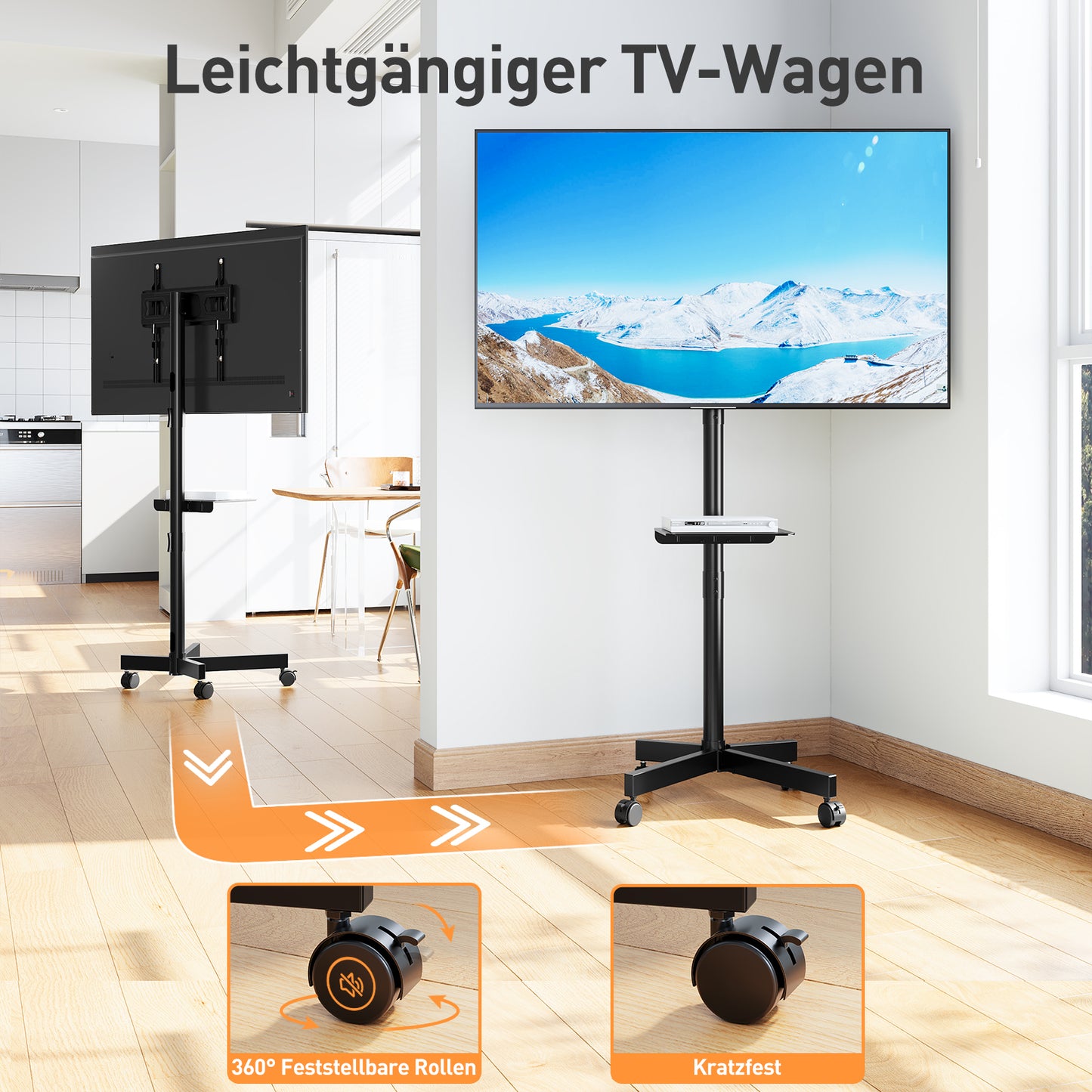 ELIVED TV Ständer Rollbar für 26-65 Zoll Fernseher bis zu 35kg, Max VESA 400x400mm, Mobiler TV Stand mit Rollen Höhenverstellbar Fernseher Bodenständer EV1117