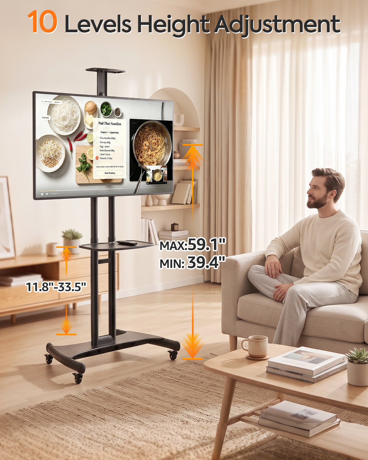 ELIVED Heavy‑Duty Rolling TV Stand for 40‑85 Inch TV Holds up to 100 lbs| Mobile TV Cart with wide anti‑tip base, 10-step height adjustment, max VESA 600x400, AV‑webcam shelves, lockable 360° casters