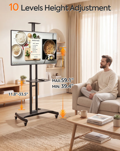 ELIVED Heavy‑Duty Rolling TV Stand for 40‑85 Inch TV Holds up to 100 lbs| Mobile TV Cart with wide anti‑tip base, 10-step height adjustment, max VESA 600x400, AV‑webcam shelves, lockable 360° casters