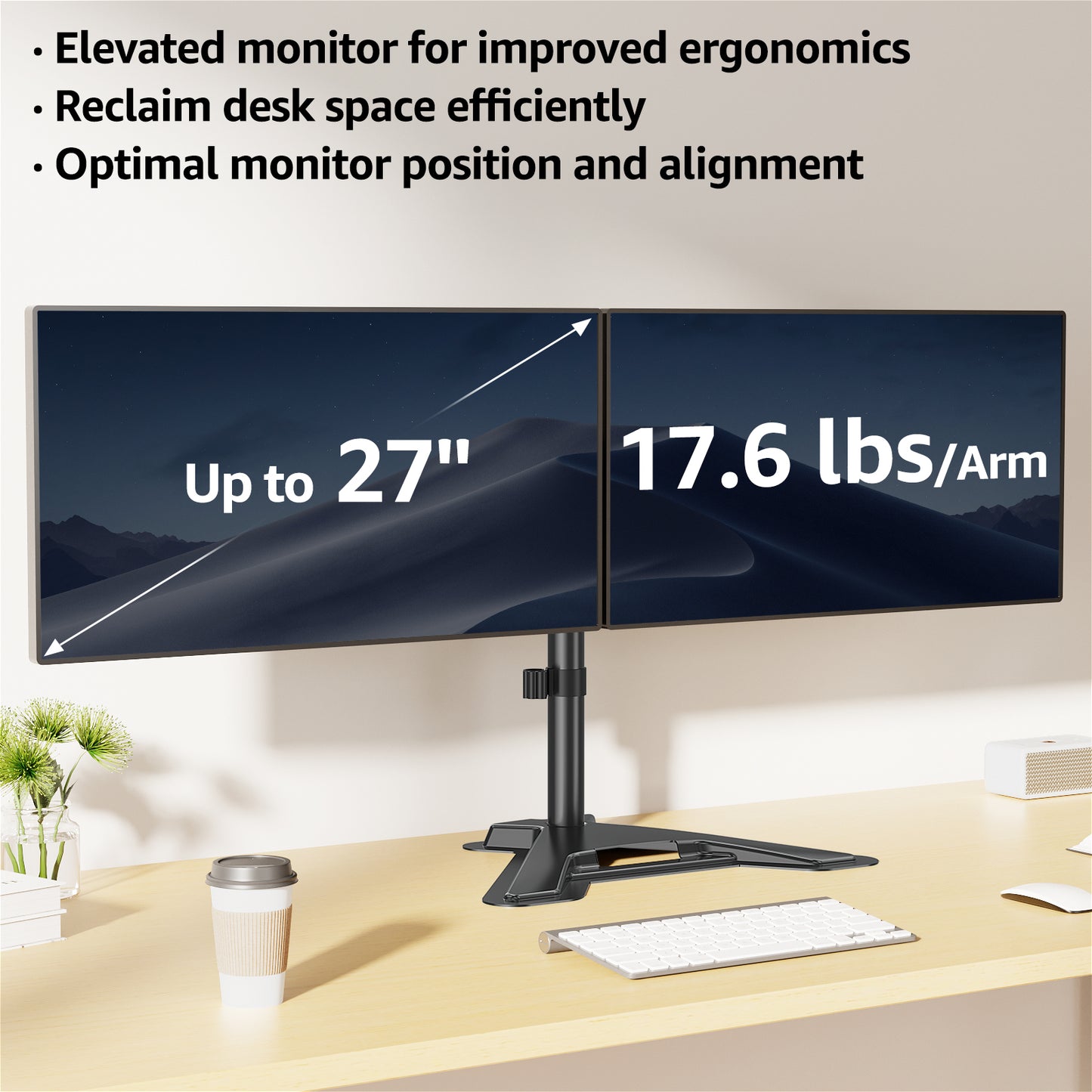 HOMOUNT Dual Monitor Stand, Freestanding & Height Adjustable Monitor Desk Mount, VESA Mount Computer Monitor Stand for 2 Screens, up to 27 inches