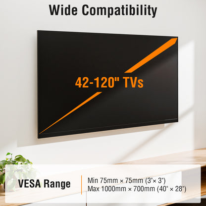 ELIVED Fixed TV Mount for Most 42-120 Inch Flat Screen tvs, Low Profile Wall Mount TV Bracket up to VESA 1000x700mm and 280 lbs - Fits 16", 24", 32", 36" Studs- Heavy Duty and Space Saving