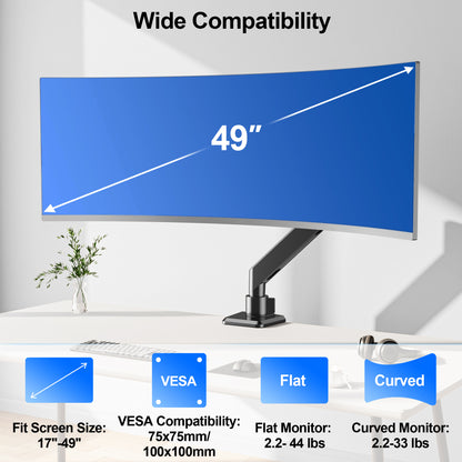 ErgoFocus Heavy Duty Monitor Mount for Max 49 inch Ultrawide Screens, Hold 2.2 to 44 lbs, Premium Single Monitor Arm for Samsung Odyssey G9 and More, Adjustable Gas Spring Desk Stand, VESA Mount
