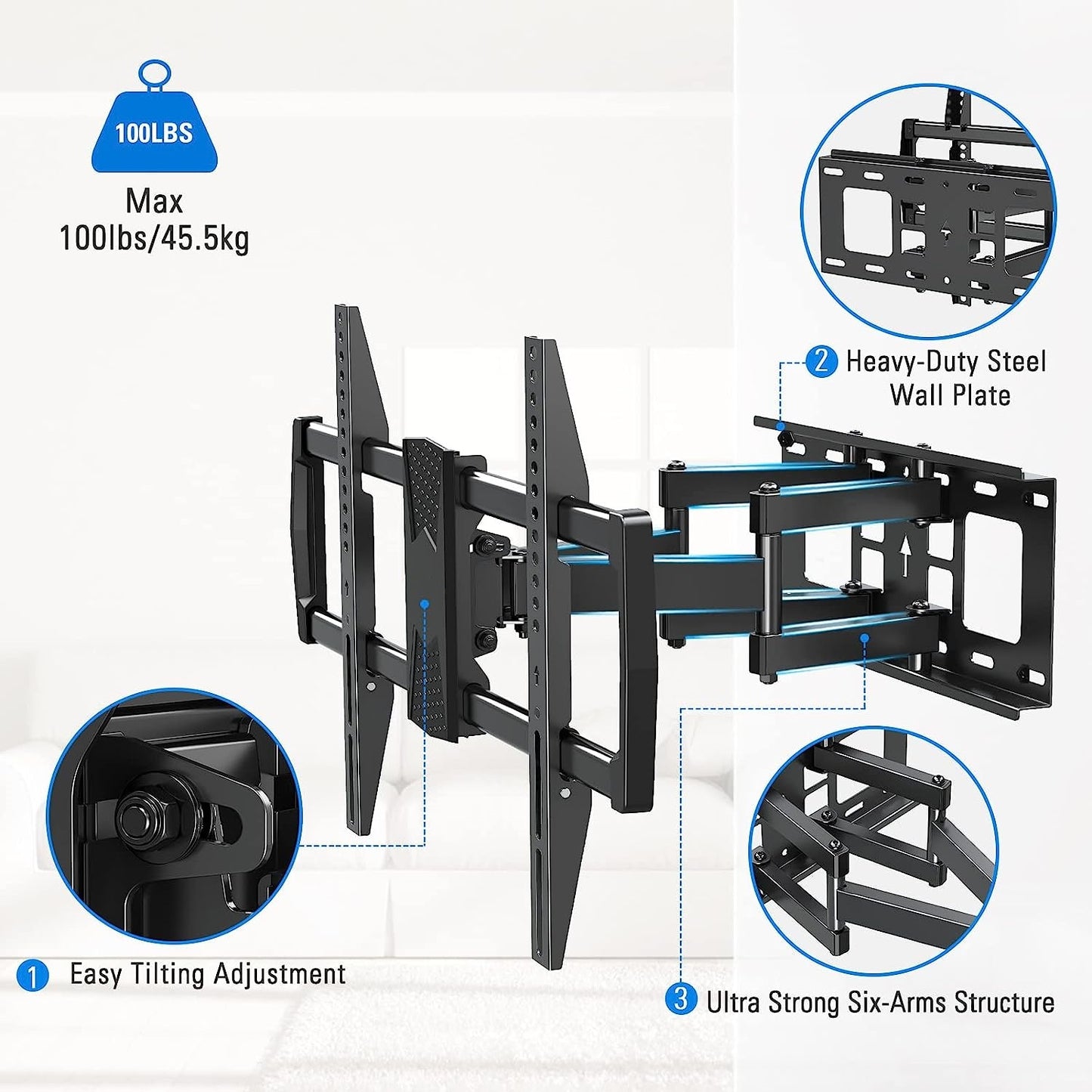 HOMOUNT Full Motion TV Wall Mount for Most 42-82 inch TVs, Wall Mount Bracket with Articulating Swivel and Tilt Fits 16" Stud, TV Mount Max VESA 600x400mm, Holds up to 100lbs