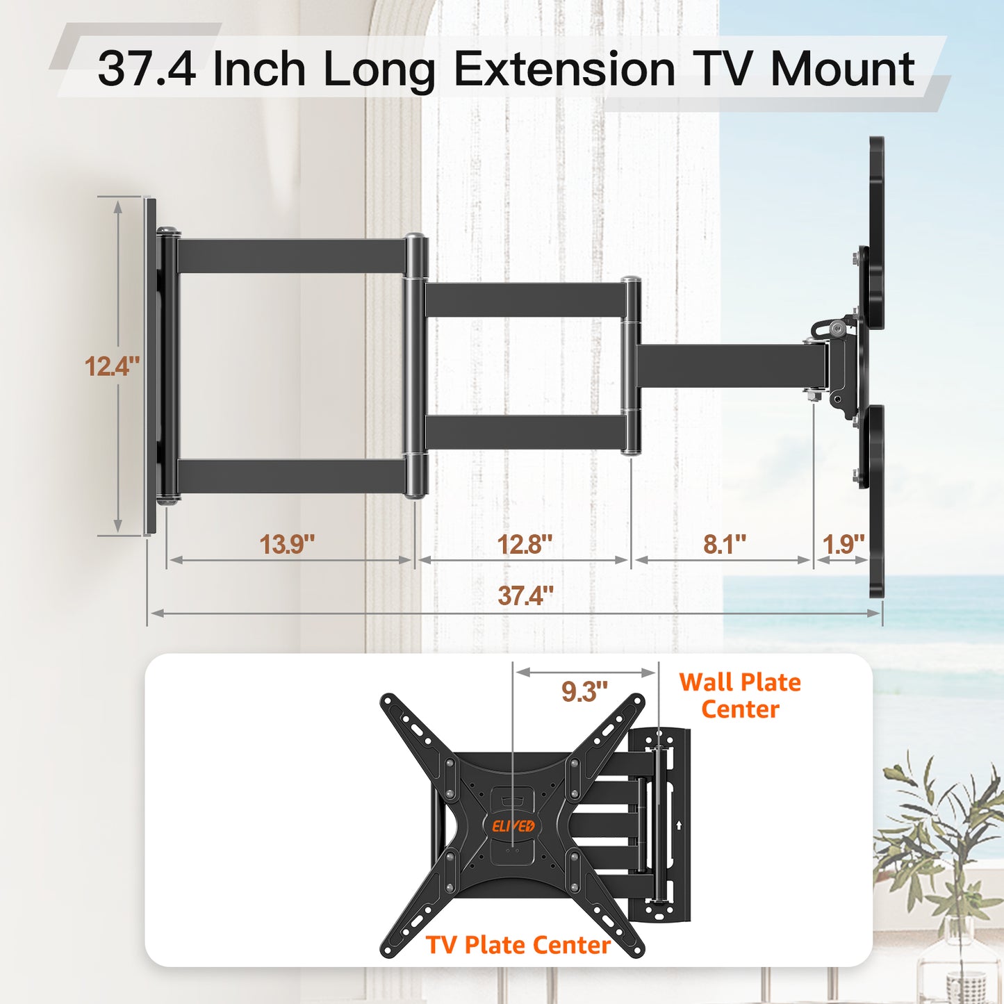 ELIVED Outdoor Long Arm TV Wall Mount for Most 26-65 Inch TVs, 37.4 Inch Long Extension TV Mount Swivel and Tilt, Max VESA 400x400mm, Full Motion Weatherproof Wall Mount tv Bracket Holds up to 77 lbs.  YD3018-OD