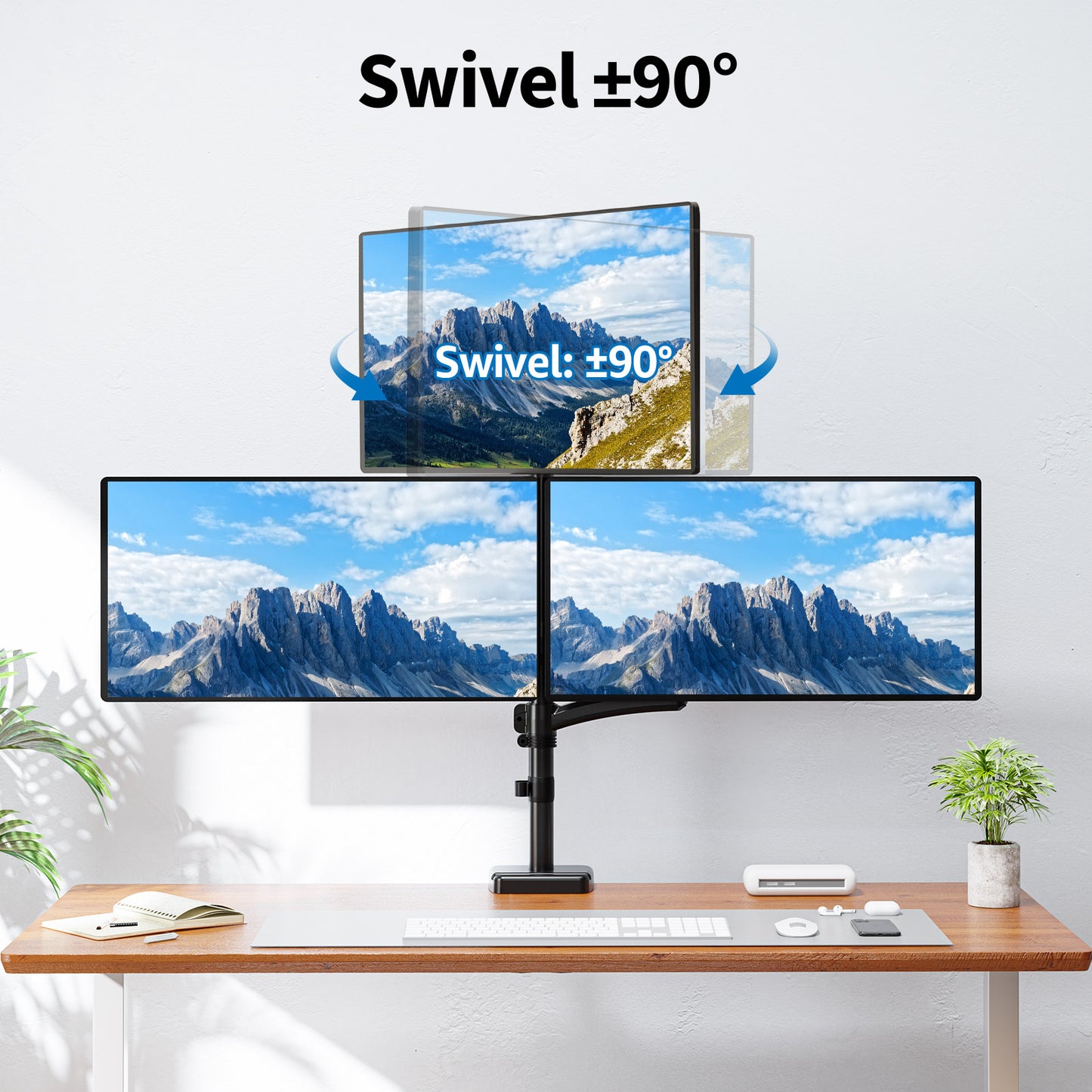 ErgoFocus Triple Monitor Mount Fits Max 32" Computer Screen, Holds up to 17.6lbs Each Arm, 3 Monitor Desk Mount, Triple Stand with Tilt Swivel Rotation, VESA Mount 75/100mm