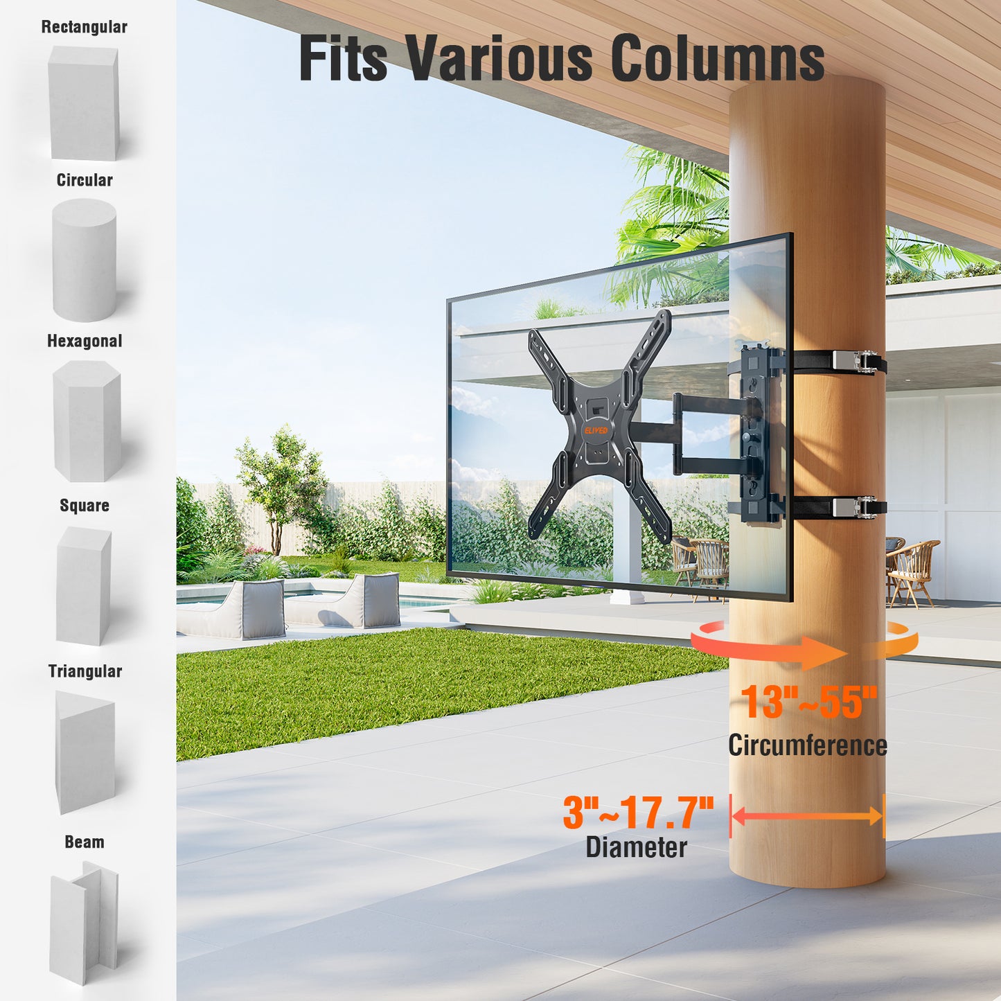 ELIVED Pillar TV Mount for Most 26"-60" TVs, Column TV Mount for Gazebo Patio Pergola, No Drill Full Motion tv Bracket Swivel and Tilt, Fits Multi-Shaped Poles, Max VESA 400x400mm, 77 Lbs. YD0084