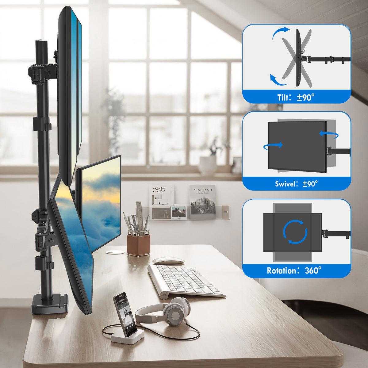 ErgoFocus 4 Monitor Mount for Max 32", Quad Monitor Arm for Desk Fully Adjustable Stacked 4 Desk Stand, 4 Heavy Duty Monitor Mount, Holds up to 17.6lbs per Arm, VESA Mount