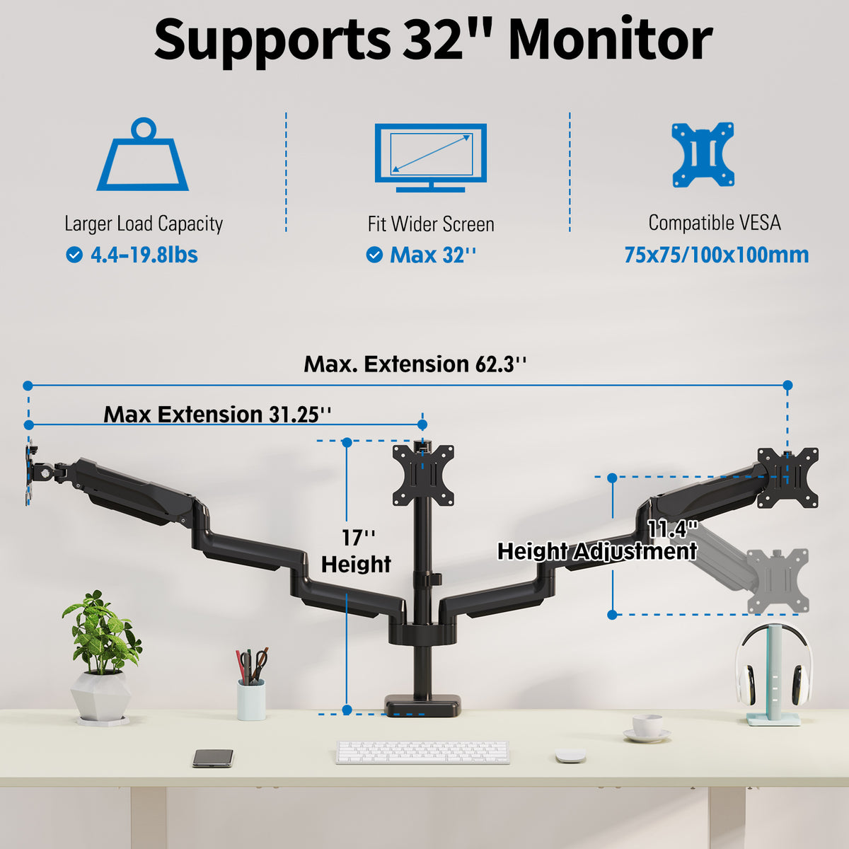 ErgoFocus  Triple Monitor Desk Mount for Computer Screens up to 32"  Holds up to 19.8 lbs Each, 3 Monitor Arm, Heavy Duty Stand Vesa Mount 75x75, 100x100