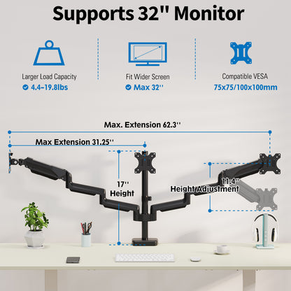 ErgoFocus  Triple Monitor Desk Mount for Computer Screens up to 32"  Holds up to 19.8 lbs Each, 3 Monitor Arm, Heavy Duty Stand Vesa Mount 75x75, 100x100