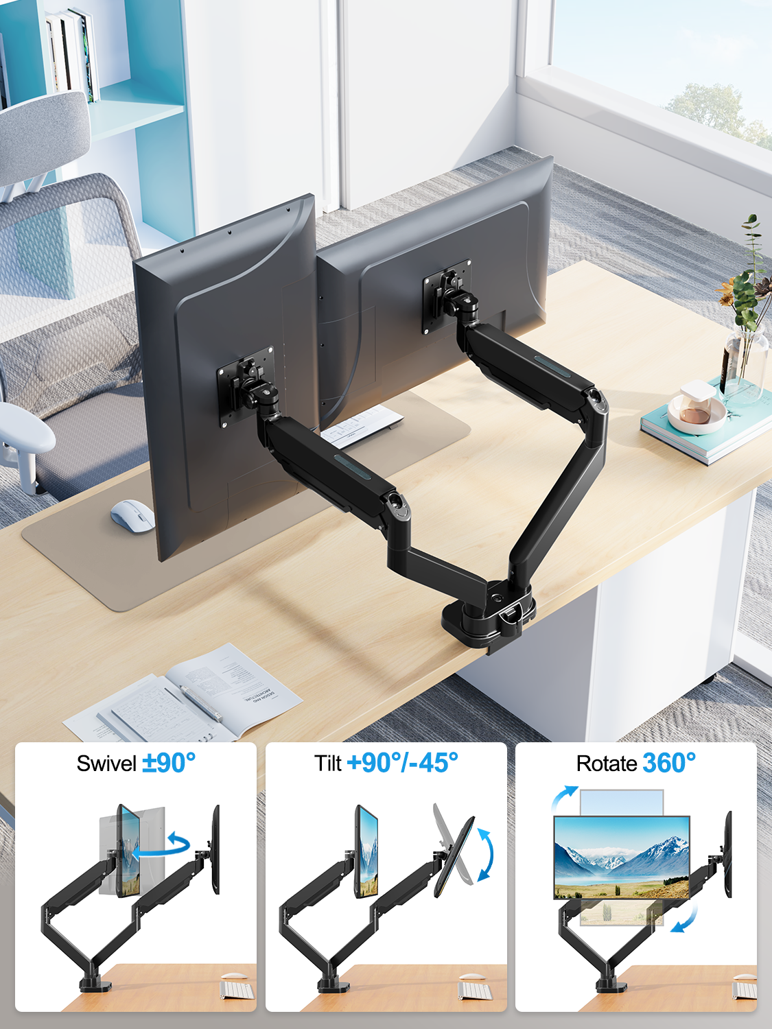 ErgoFocus Dual Monitor Mount Fits Max 39" Computer Screen, Hold 4.4-33 lbs Each Ultrawide Desk Mount, Adjustable Gas Spring Double Monitor Arm, Monitor Stand for 2 Monitors with USB, VESA