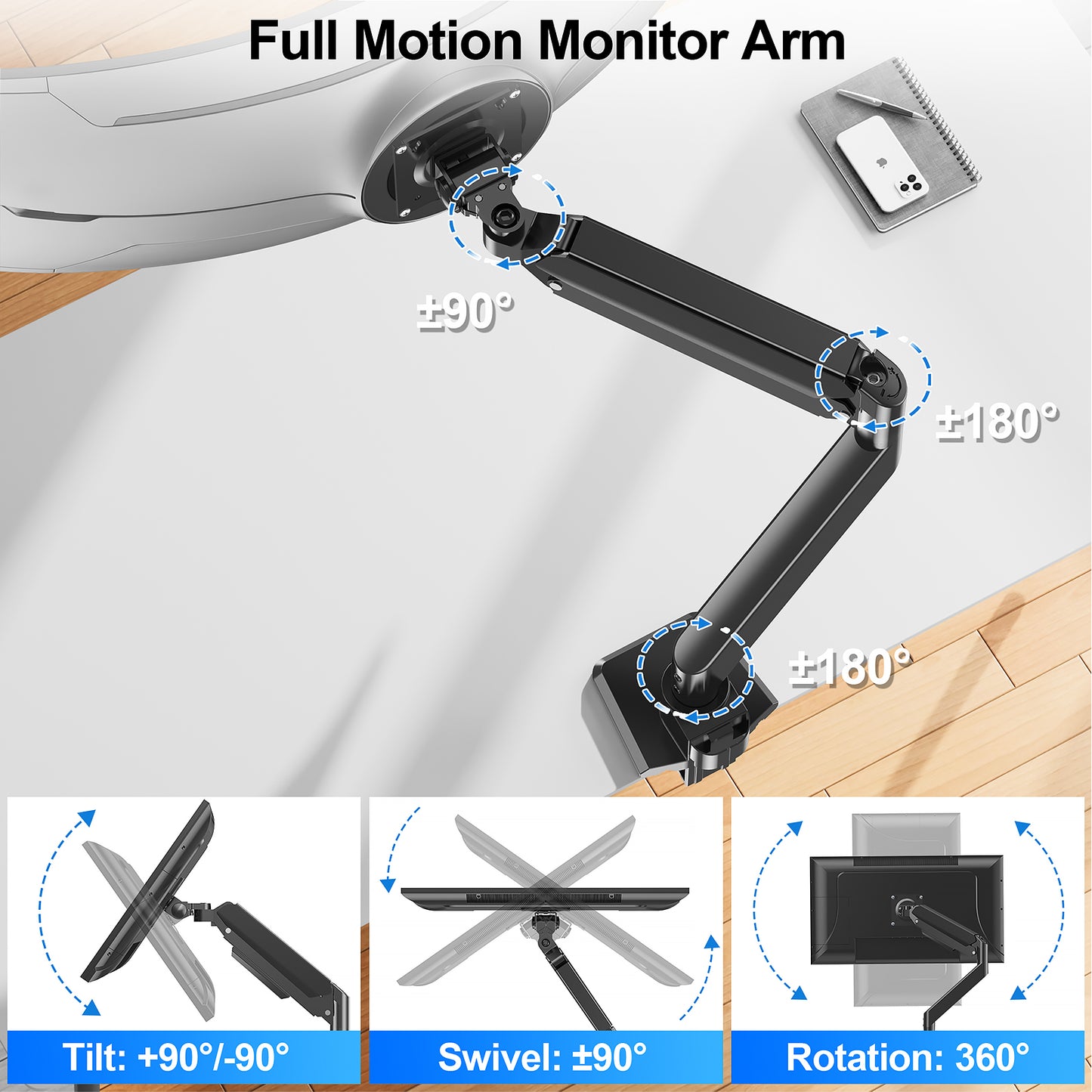 ErgoFocus Heavy Duty Monitor Mount for Max 49 inch Ultrawide Screens, Hold 2.2 to 44 lbs, Premium Single Monitor Arm for Samsung Odyssey G9 and More, Adjustable Gas Spring Desk Stand, VESA Mount