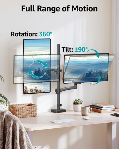ErgoFocus  Vertical Dual Monitor Mount Fit up to 32", Stacked Monitor Stand for 2 Computer Screens, Gas Spring Full Motion Adjustable Tall Display Desk Mount, Each Arm Holds up to 17.6lbs, VESA Mount