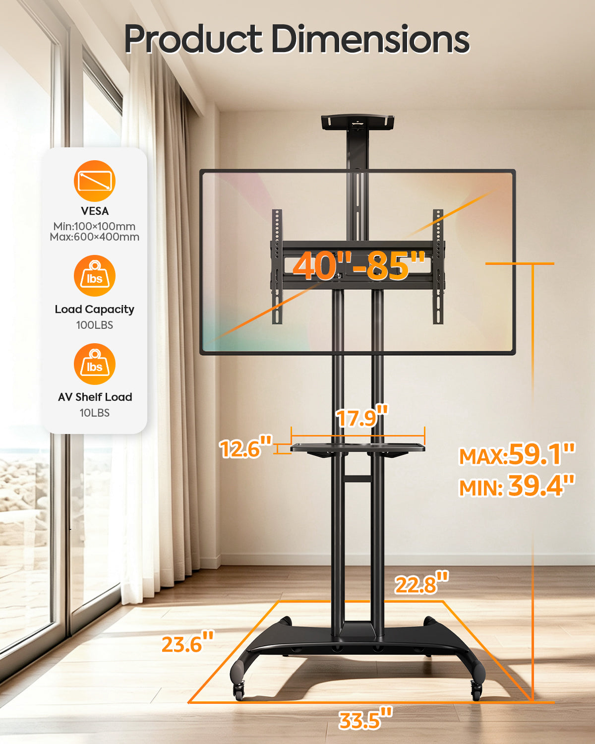 ELIVED Heavy‑Duty Rolling TV Stand for 40‑85 Inch TV Holds up to 100 lbs| Mobile TV Cart with wide anti‑tip base, 10-step height adjustment, max VESA 600x400, AV‑webcam shelves, lockable 360° casters