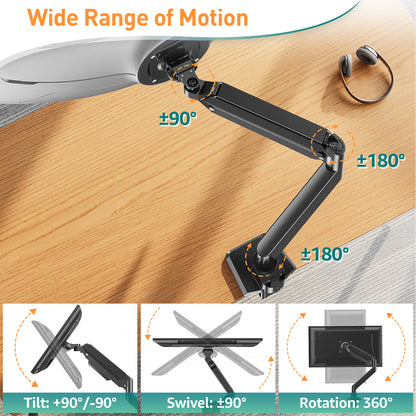 ELIVED Ultrawide Monitor Arm for Max 49 Inch Screen, Heavy Duty Monitor Desk Mount Support 2-20kg, Gas Spring Computer Stand, VESA 75 & 100mm with Clamp & Grommet Base, EV3227