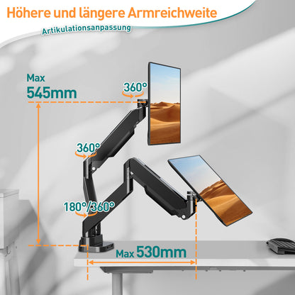 ELIVED Monitor Halterung 2 Monitore für 13-39" Bildschirme, Gasfeder Monitor Arm hält 2-15 kg Monitor mit VESA 75/100mm, Bildschirmhalterung 2 Monitore mit USB Kabeln EV3206