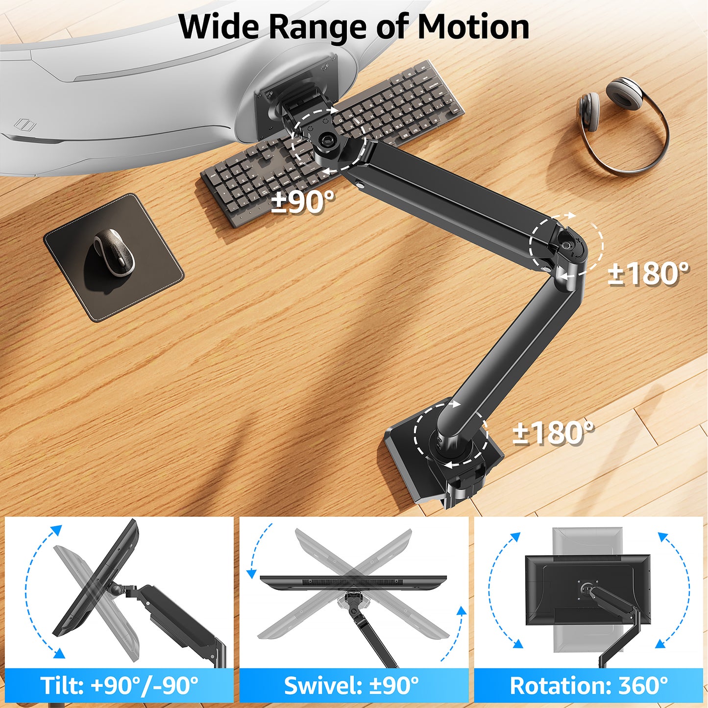ErgoFocus Heavy Duty Monitor Mount for Max 49 inch Ultrawide Screens, Hold 2.2 to 44 lbs, Premium Single Monitor Arm for Samsung Odyssey G9 and More, Adjustable Gas Spring Desk Stand, VESA Mount