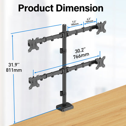 ErgoFocus 4 Monitor Mount for Max 32", Quad Monitor Arm for Desk Fully Adjustable Stacked 4 Desk Stand, 4 Heavy Duty Monitor Mount, Holds up to 17.6lbs per Arm, VESA Mount