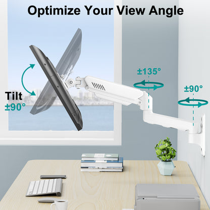 ErgoFocus  Monitor Wall Mount Fits 17-32 Inch Flat/Curved Computer Screens, Single Wall Arm Holds up to 19.8lbs, Height Adjustable Gas Spring Wall Stand Tilt, VESA Mount 75/100, White
