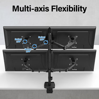 ErgoFocus 4 Monitor Mount for Max 32", Quad Monitor Arm for Desk Fully Adjustable Stacked 4 Desk Stand, 4 Heavy Duty Monitor Mount, Holds up to 17.6lbs per Arm, VESA Mount