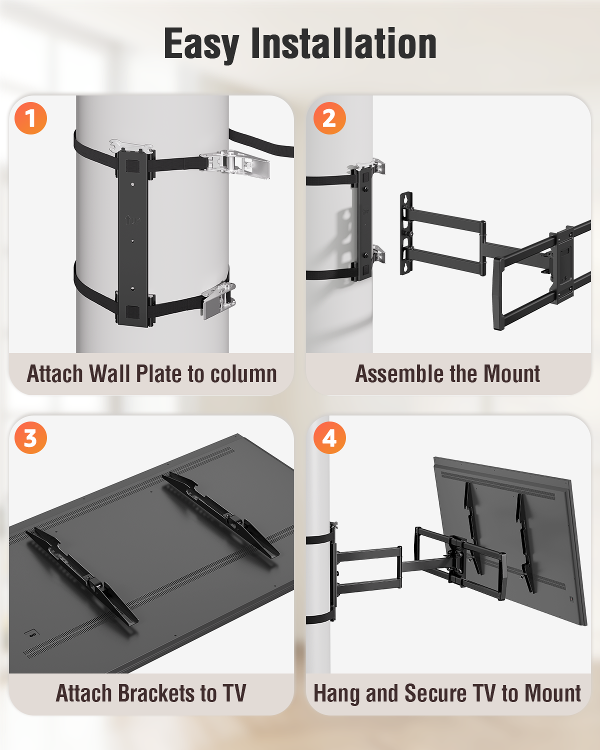 ELIVED Pillar TV Mount for Most 32"-75" TVs, Column TV Mount for Gazebo Patio Pergola, No Drill Full Motion tv Bracket Swivel and Tilt, Fits Multi-Shaped Poles, Max VESA 600x400mm, 88 Lbs.