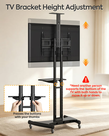 ELIVED Heavy‑Duty Rolling TV Stand for 40‑85 Inch TV Holds up to 100 lbs| Mobile TV Cart with wide anti‑tip base, 10-step height adjustment, max VESA 600x400, AV‑webcam shelves, lockable 360° casters