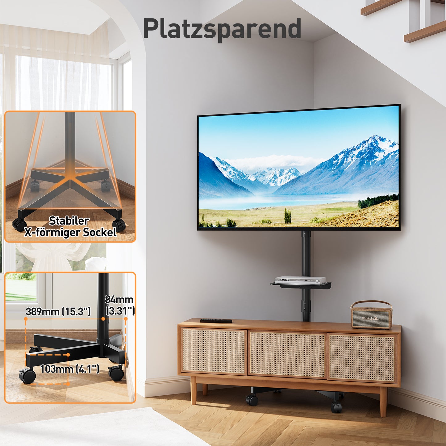 ELIVED TV Ständer Rollbar für 26-65 Zoll Fernseher bis zu 35kg, Max VESA 400x400mm, Mobiler TV Stand mit Rollen Höhenverstellbar Fernseher Bodenständer EV1117