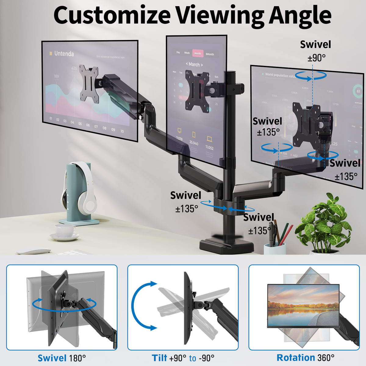 ErgoFocus  Triple Monitor Desk Mount for Computer Screens up to 32"  Holds up to 19.8 lbs Each, 3 Monitor Arm, Heavy Duty Stand Vesa Mount 75x75, 100x100