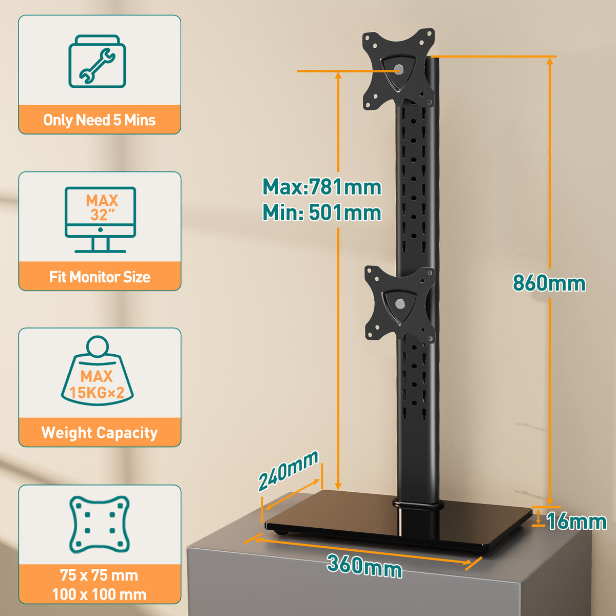 ELIVED Vertical Dual Monitor Stand for 13-32 Inch Flat Curved Screens