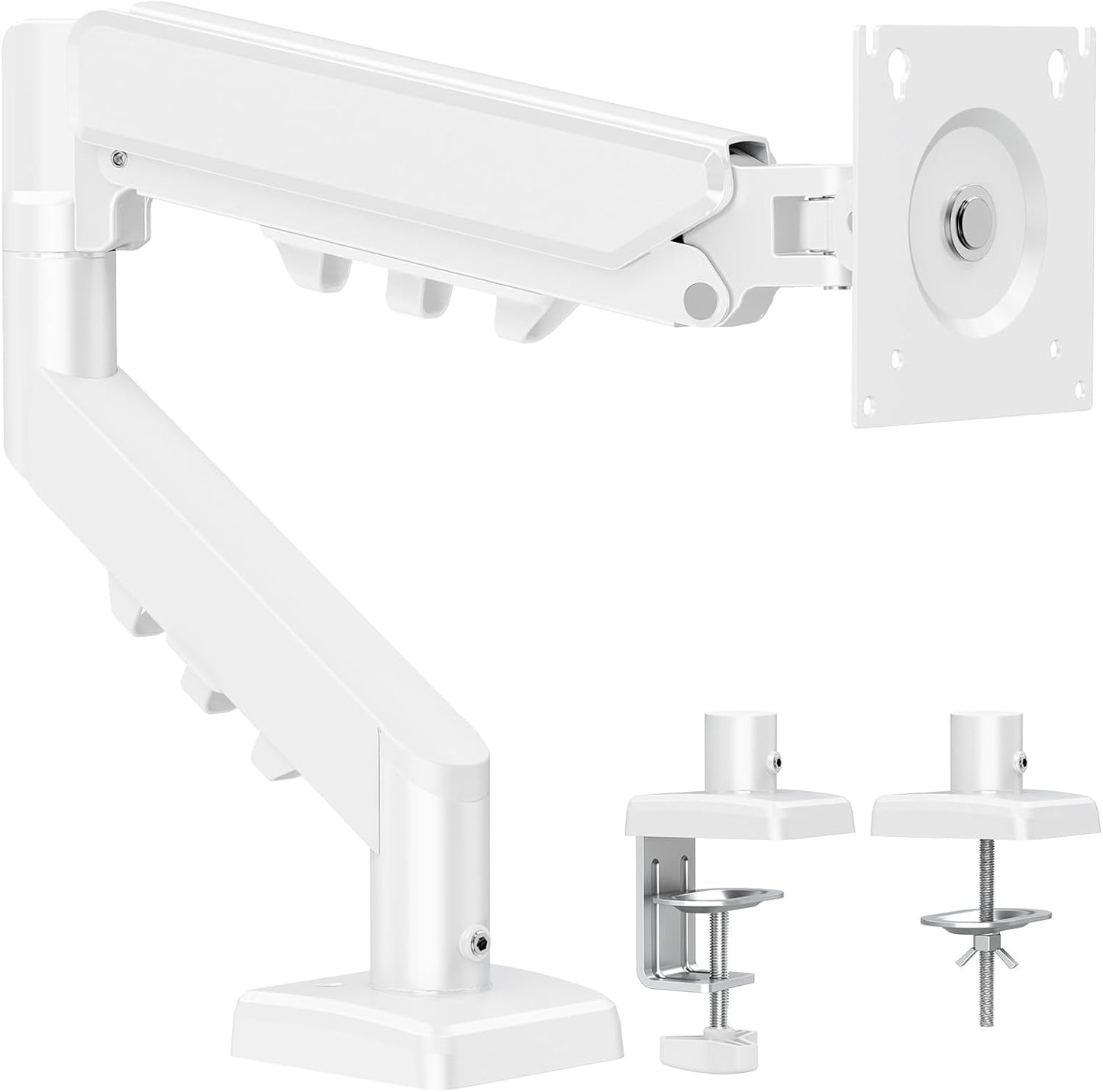 ELIVED Single Monitor Arm - Adjustable Gas Spring Monitor Stand for 13-32 Inch Screens up to 9KG, Ergonomic Desk Mount with Tilt, Swivel & Rotate, VESA 75/100mm, 2 Mounting Clamp, White, EV6013W