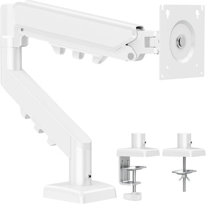 ELIVED Single Monitor Arm - Adjustable Gas Spring Monitor Stand for 13-32 Inch Screens up to 9KG, Ergonomic Desk Mount with Tilt, Swivel & Rotate, VESA 75/100mm, 2 Mounting Clamp, White, EV6013W