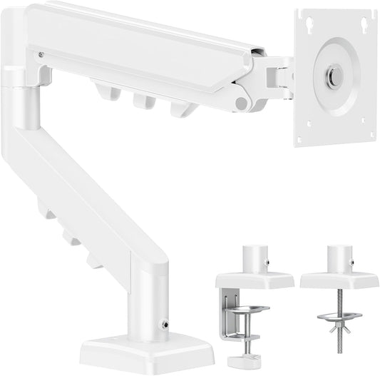 ELIVED Single Monitor Arm - Adjustable Gas Spring Monitor Stand for 13-32 Inch Screens up to 9KG, Ergonomic Desk Mount with Tilt, Swivel & Rotate, VESA 75/100mm, 2 Mounting Clamp, White, EV6013W
