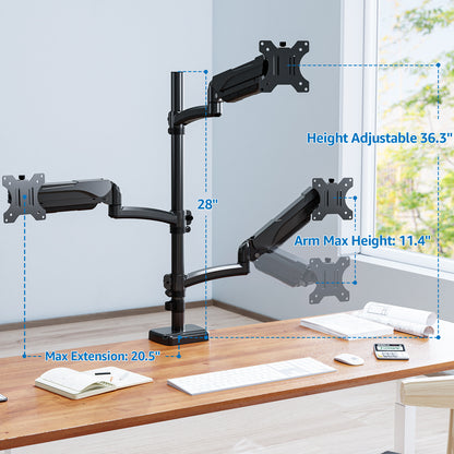 ErgoFocus Triple Monitor Mount Fits Max 32" Computer Screen, Holds up to 17.6lbs Each Arm, 3 Monitor Desk Mount, Triple Stand with Tilt Swivel Rotation, VESA Mount 75/100mm