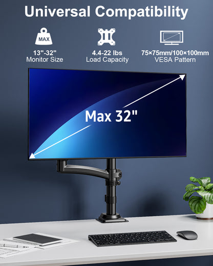 ErgoFocus Single Monitor Mount Holds Max 22lbs, 13-32 inch Monitor Desk Mount, Height Adjustable Tall Monitors Arm, Monitors Stand with Tilt Swivel Rotation, VESA 75 100mm, Black, Freelift