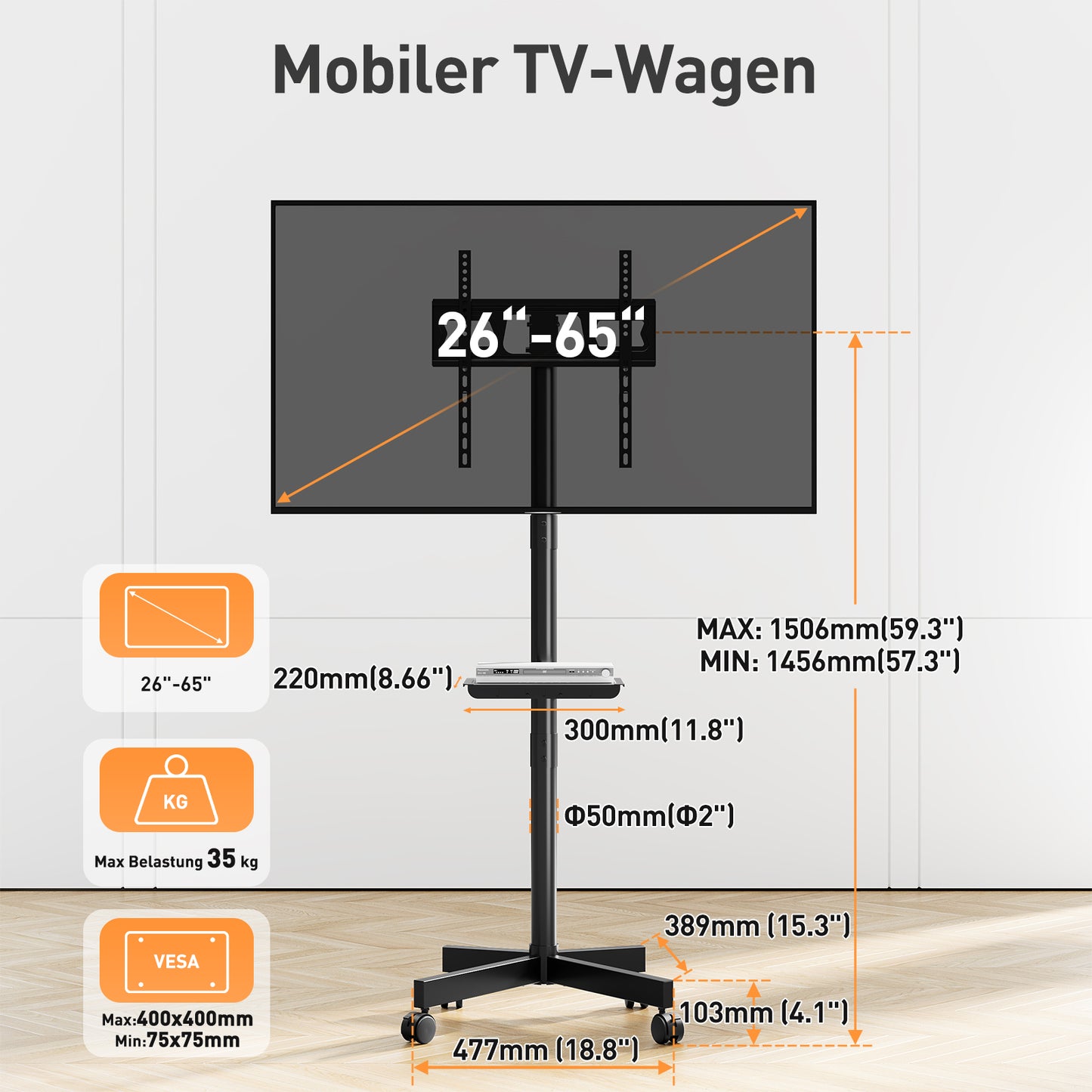 ELIVED TV Ständer Rollbar für 26-65 Zoll Fernseher bis zu 35kg, Max VESA 400x400mm, Mobiler TV Stand mit Rollen Höhenverstellbar Fernseher Bodenständer EV1117