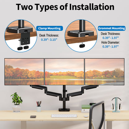ErgoFocus  Triple Monitor Desk Mount for Computer Screens up to 32"  Holds up to 19.8 lbs Each, 3 Monitor Arm, Heavy Duty Stand Vesa Mount 75x75, 100x100