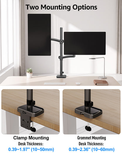 ErgoFocus  Vertical Dual Monitor Mount Fit up to 32", Stacked Monitor Stand for 2 Computer Screens, Gas Spring Full Motion Adjustable Tall Display Desk Mount, Each Arm Holds up to 17.6lbs, VESA Mount