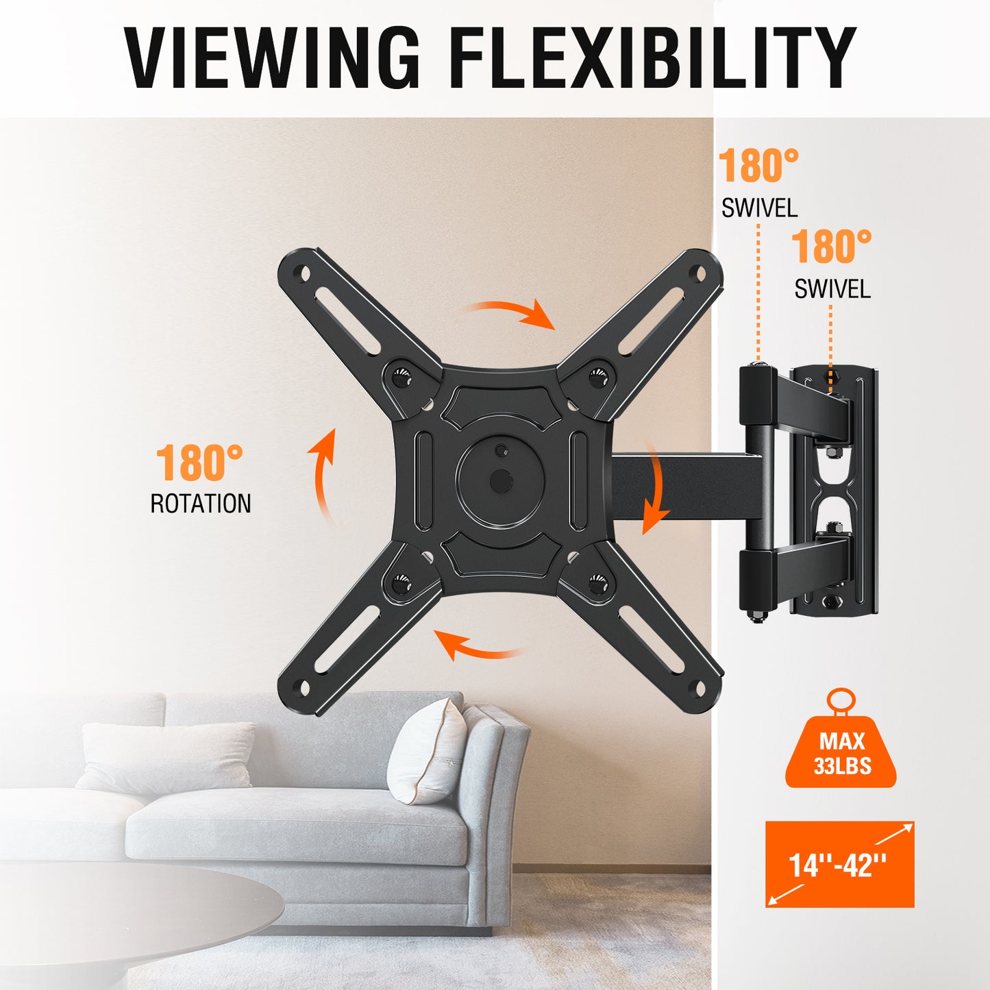 HOMOUNT UL Listed Full Motion TV Monitor Wall Mount for Most 14-42 Inch LED LCD Flat Screen TVs & Monitors, Swivel Tilt Extension Rotation TV Mount Bracket Max VESA 200x200mm, up to 33 lbs