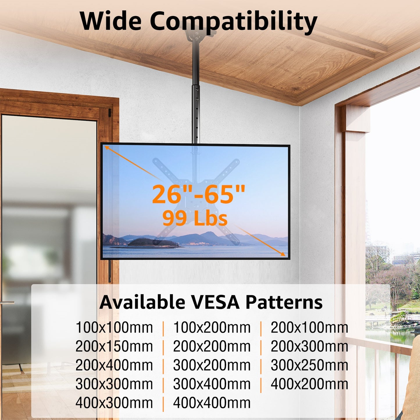 ELIVED Ceiling TV Mount Fits Most 26-65 Inch LED, LCD OLED Flat Screen TVs, Full Motion Height Adjustable TV Mount Bracket, Swivel and Tilt TV Bracket, Max VESA 400x400mm, Holds up to 99 lbs.