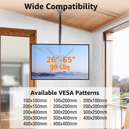 ELIVED Ceiling TV Mount Fits Most 26-65 Inch LED, LCD OLED Flat Screen TVs, Full Motion Height Adjustable TV Mount Bracket, Swivel and Tilt TV Bracket, Max VESA 400x400mm, Holds up to 99 lbs.