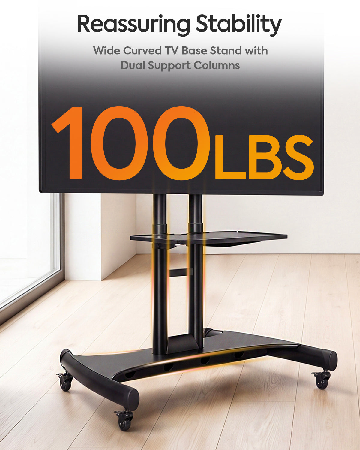 ELIVED Heavy‑Duty Rolling TV Stand for 40‑85 Inch TV Holds up to 100 lbs| Mobile TV Cart with wide anti‑tip base, 10-step height adjustment, max VESA 600x400, AV‑webcam shelves, lockable 360° casters