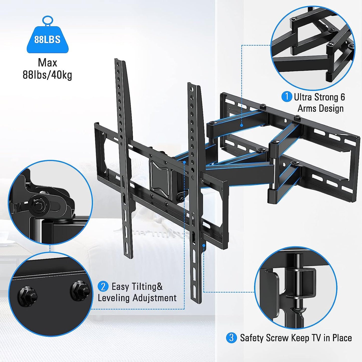 HOMOUNT Full Motion TV Wall Mount, TV Mount for Most 26-65 Inch Flat/Curved TVs, Wall Mount TVs Bracket with Dual Swivel Articulating Arm, Fit 8“ 12” 16" Wood Stud, Max VESA 400x400mm up to 88 LBS