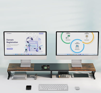 ErgoFocus Dual Monitor Stand Riser, Large Wood Monitor Riser for 2 Monitors, Monitor Lift with Storage for Desk, Sturdy Wood&Steel Multi Screen Stand, Desktop Organizer Monitor Stand for Computer