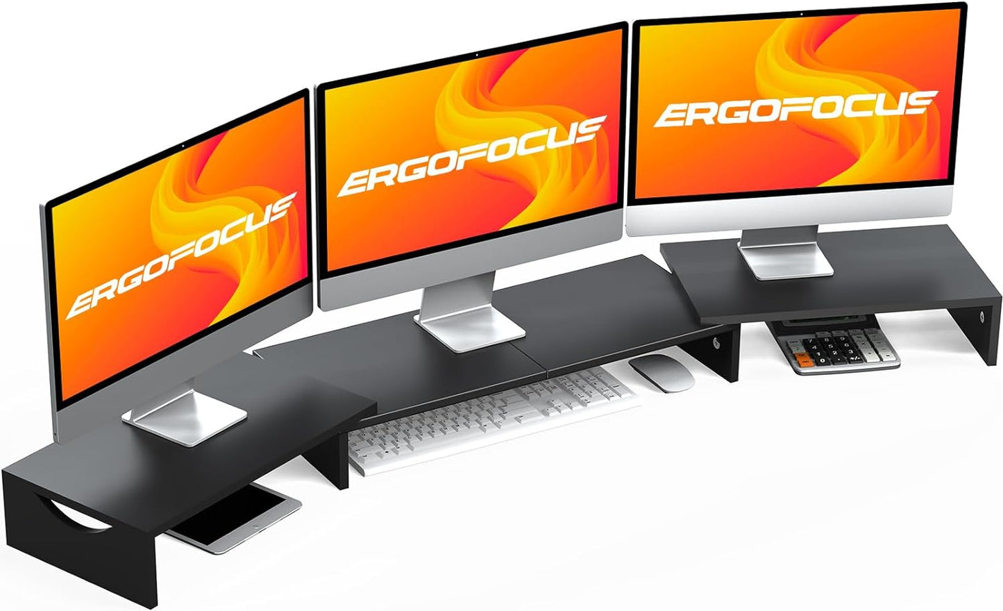 Ergofocus Triple Monitor Stand Riser, Extra Long Monitor Riser for 1~2~3 Monitors, Dual Monitor Stand with Length and Angle Adjustable, 3 Shelf Monitor Stand for Desk