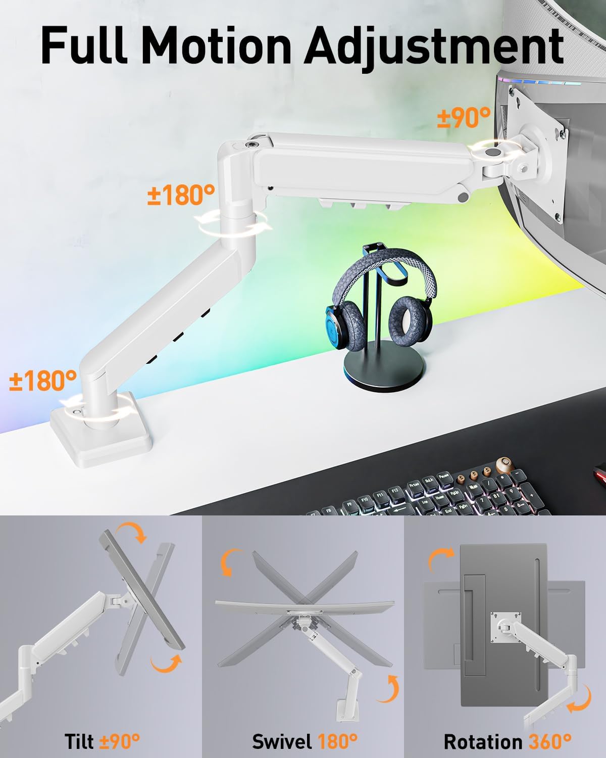 ELIVED Single Monitor Arm - Adjustable Gas Spring Monitor Stand for 13-32 Inch Screens up to 9KG, Ergonomic Desk Mount with Tilt, Swivel & Rotate, VESA 75/100mm, 2 Mounting Clamp, White, EV6013W