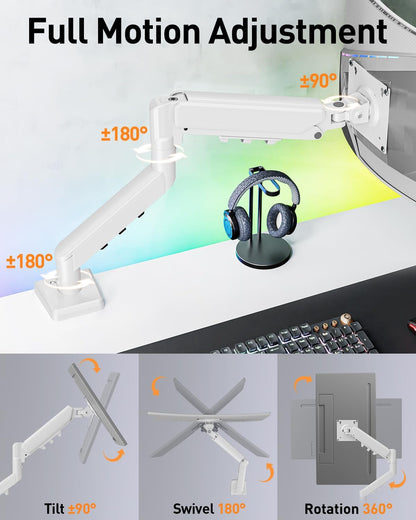 ELIVED Single Monitor Arm - Adjustable Gas Spring Monitor Stand for 13-32 Inch Screens up to 9KG, Ergonomic Desk Mount with Tilt, Swivel & Rotate, VESA 75/100mm, 2 Mounting Clamp, White, EV6013W