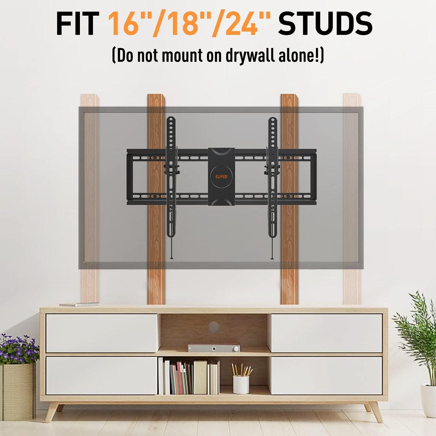 ELIVED UL Listed TV Wall Mount for Most 37-75 Inch Flat Screen Curved TVs, Universal Tilt TV Mount fits 16”, 18”, 24” Studs, Low Profile TV Bracket Max VESA 600x400mm, Loading Capacity 99 lbs. /45kg