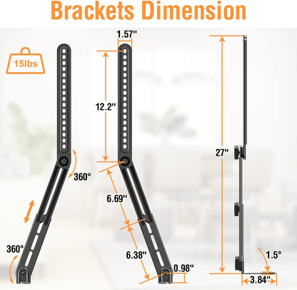 ELIVED Soundbar Mount, Sound Bar TV Bracket, for Mounting Above or Under TV, Fits Most Sound Bars Up to 15 Lbs, Tool-Free Knob Adjustable, for 23-90" TVs with Detachable Extension Arms and L-Brackets